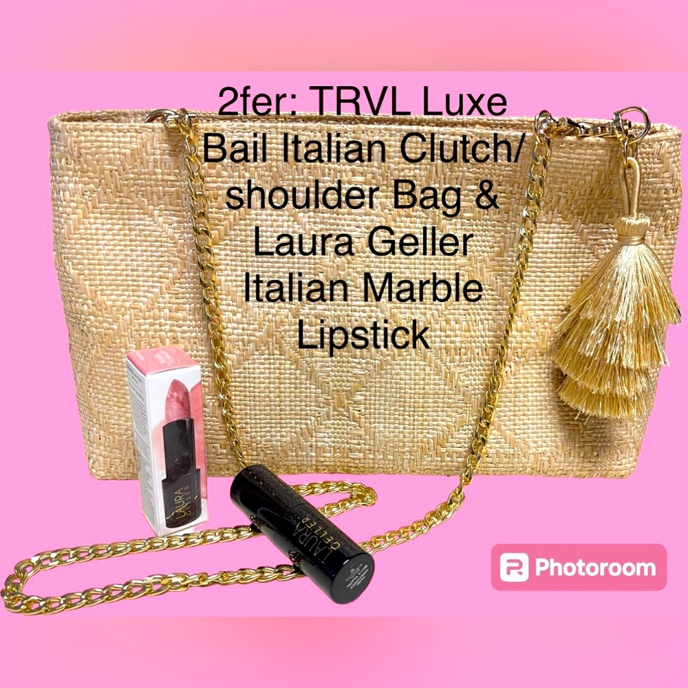 New TRVL Luxe Bali Straw Bag & NIB Laura Geller Lipstick Italian Marbled Pink